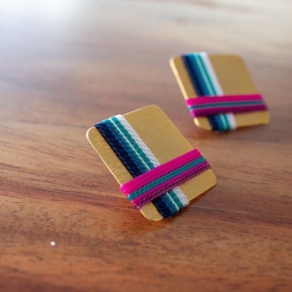 Handmade gold plated earrings blue white thread new - Picture 2 of 3